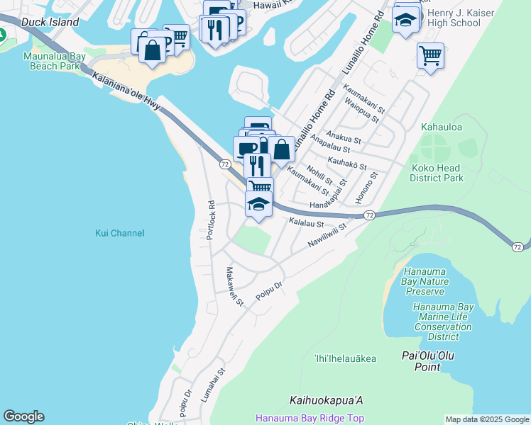 map of restaurants, bars, coffee shops, grocery stores, and more near 189 Lunalilo Home Road in Honolulu