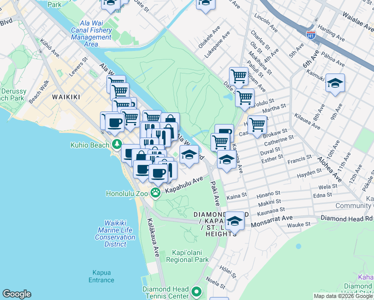 map of restaurants, bars, coffee shops, grocery stores, and more near 2609 Ala Wai Boulevard in Honolulu