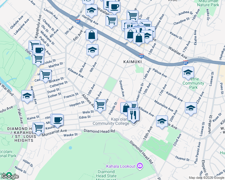 map of restaurants, bars, coffee shops, grocery stores, and more near 659 12th Avenue in Honolulu