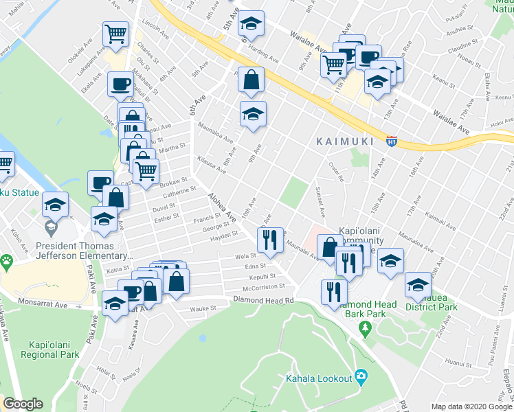 map of restaurants, bars, coffee shops, grocery stores, and more near 3518 Maunalei Avenue in Honolulu
