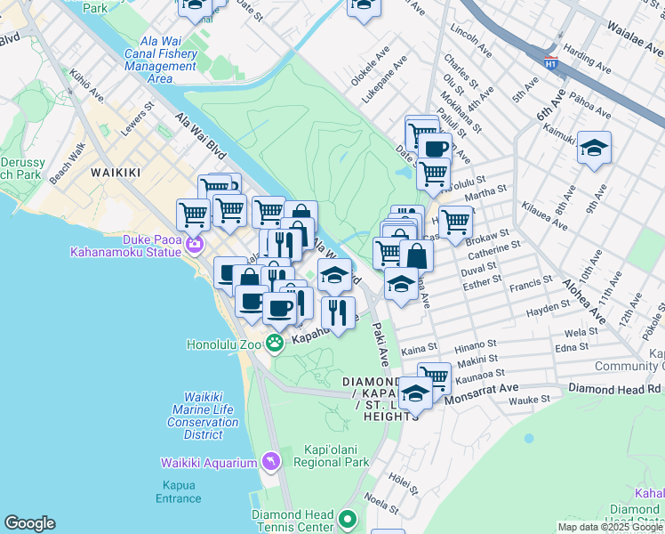 map of restaurants, bars, coffee shops, grocery stores, and more near 2611 Ala Wai Boulevard in Honolulu