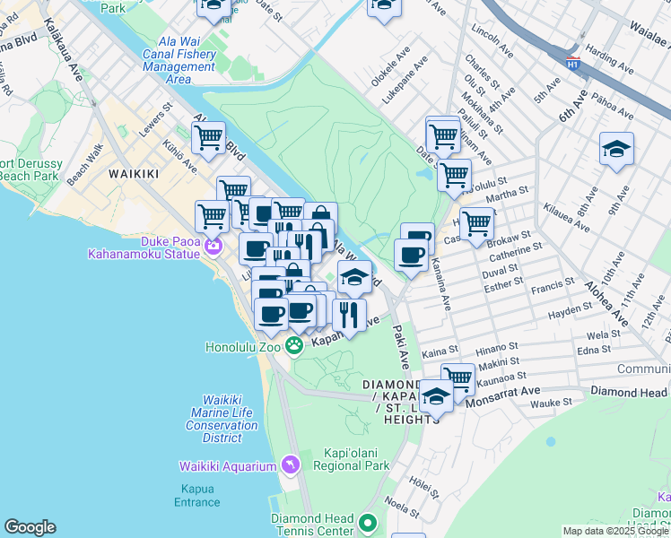 map of restaurants, bars, coffee shops, grocery stores, and more near 283 Wai Nani Way in Honolulu