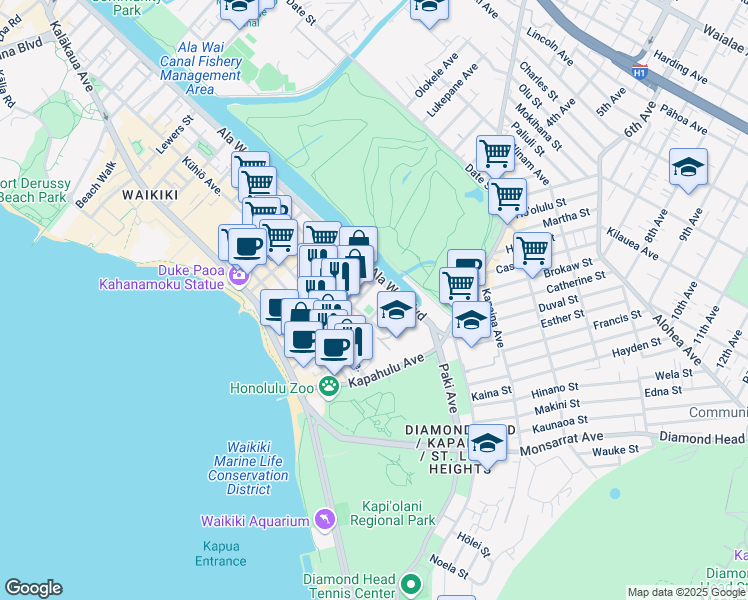 map of restaurants, bars, coffee shops, grocery stores, and more near 283 Wai Nani Way in Honolulu