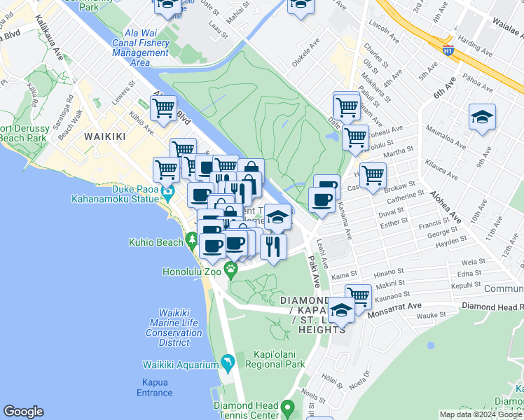 map of restaurants, bars, coffee shops, grocery stores, and more near 283 Wai Nani Way in Honolulu