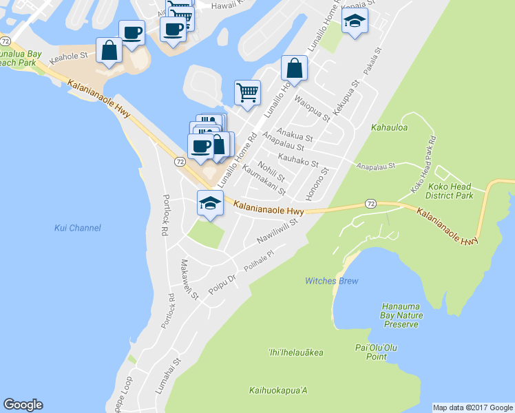 map of restaurants, bars, coffee shops, grocery stores, and more near 251 Hanakapiai Street in Honolulu
