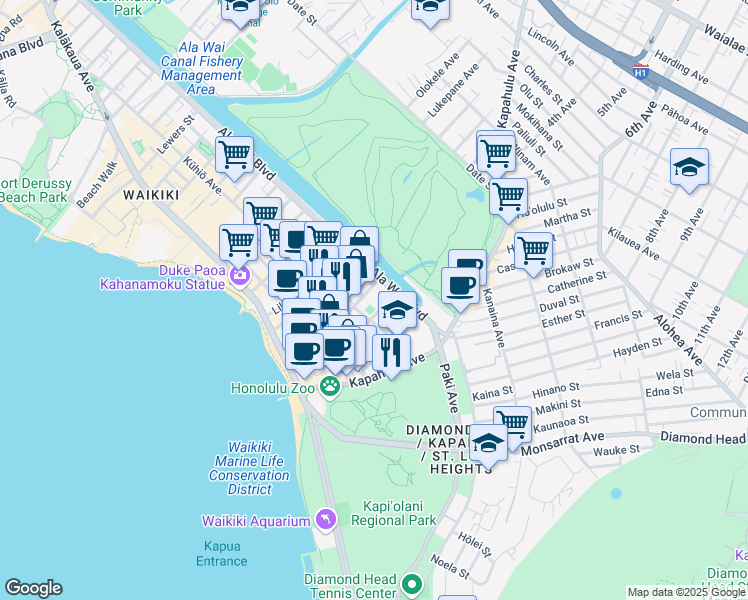 map of restaurants, bars, coffee shops, grocery stores, and more near 300 Wai Nani Way in Honolulu