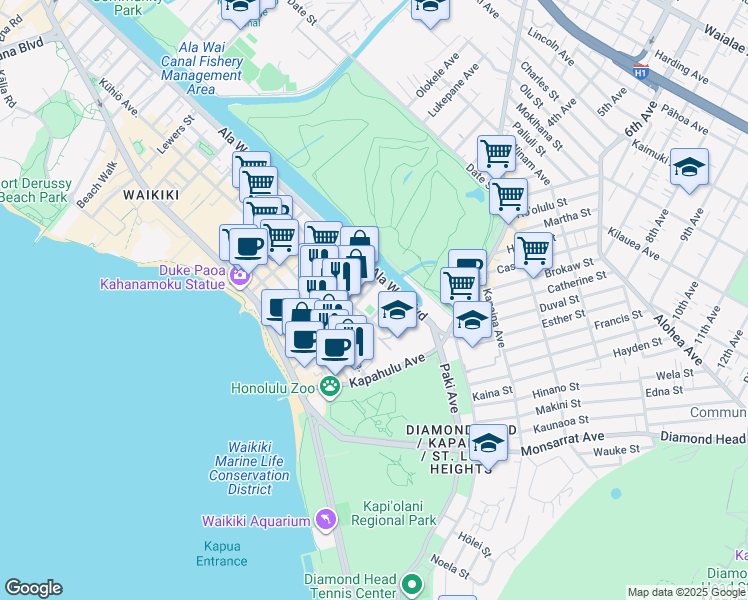 map of restaurants, bars, coffee shops, grocery stores, and more near 300 Wai Nani Way in Honolulu