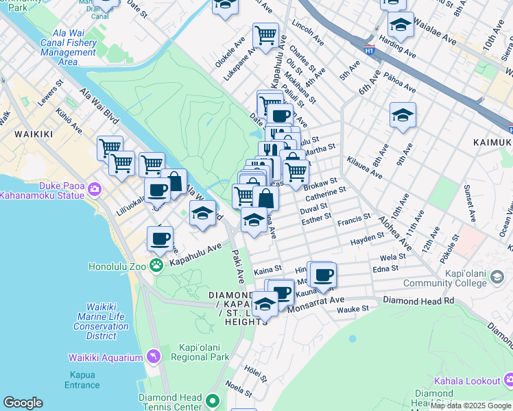 map of restaurants, bars, coffee shops, grocery stores, and more near 3355 Kanaina Avenue in Honolulu