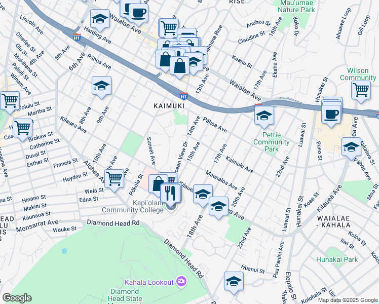map of restaurants, bars, coffee shops, grocery stores, and more near 805 15th Avenue in Honolulu
