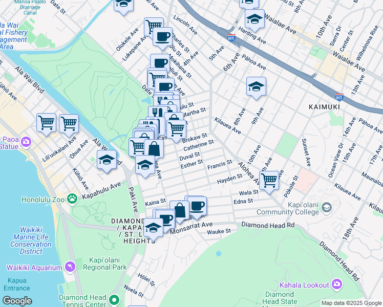 map of restaurants, bars, coffee shops, grocery stores, and more near 3220 Esther Street in Honolulu