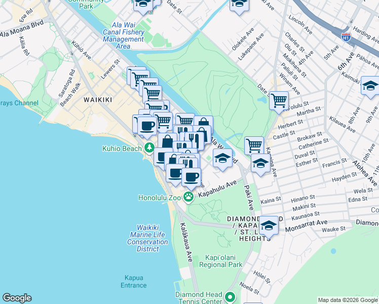 map of restaurants, bars, coffee shops, grocery stores, and more near in Honolulu
