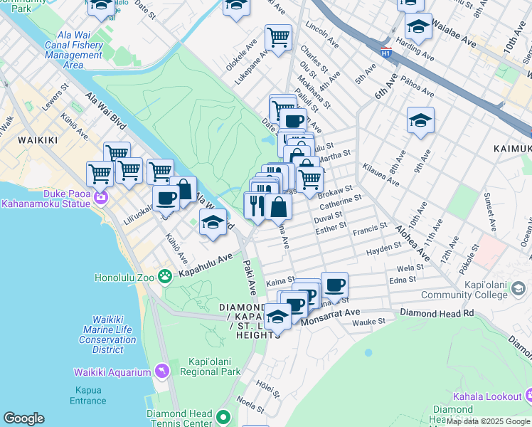 map of restaurants, bars, coffee shops, grocery stores, and more near 3355C Kanaina Avenue in Honolulu