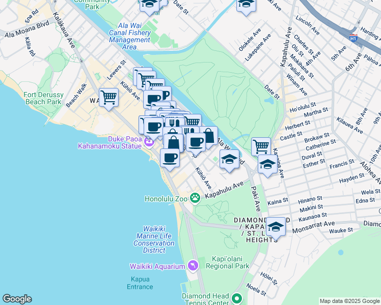 map of restaurants, bars, coffee shops, grocery stores, and more near 2500 Kuhio Avenue in Honolulu