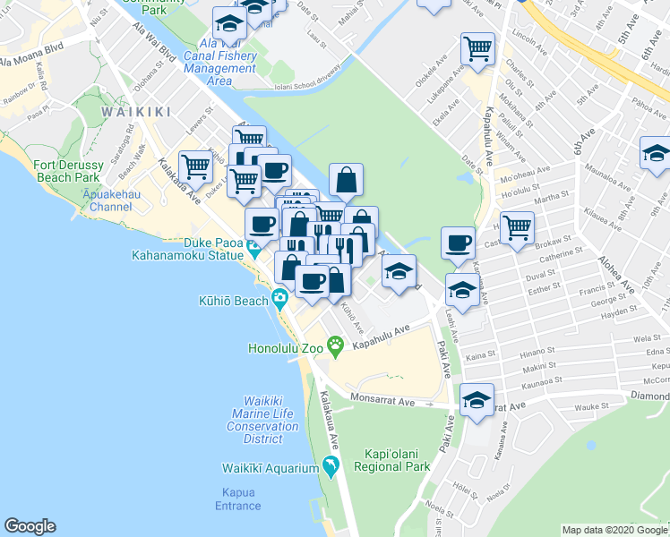map of restaurants, bars, coffee shops, grocery stores, and more near 250 ʻŌhua Avenue in Honolulu