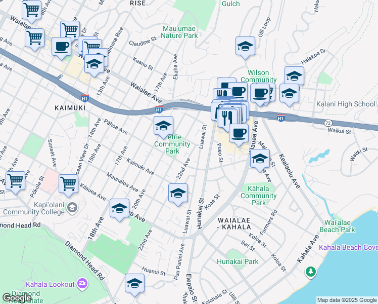 map of restaurants, bars, coffee shops, grocery stores, and more near 1034 22nd Avenue in Honolulu