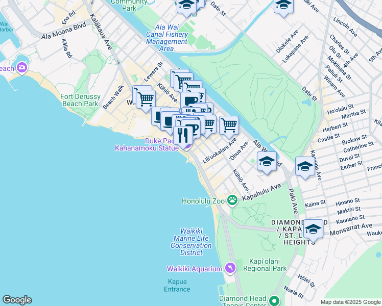 map of restaurants, bars, coffee shops, grocery stores, and more near Kalakaua Avenue in Honolulu