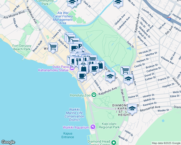 map of restaurants, bars, coffee shops, grocery stores, and more near 2500 Kuhio Avenue in Honolulu