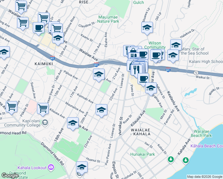 map of restaurants, bars, coffee shops, grocery stores, and more near 1035 21st Avenue in Honolulu