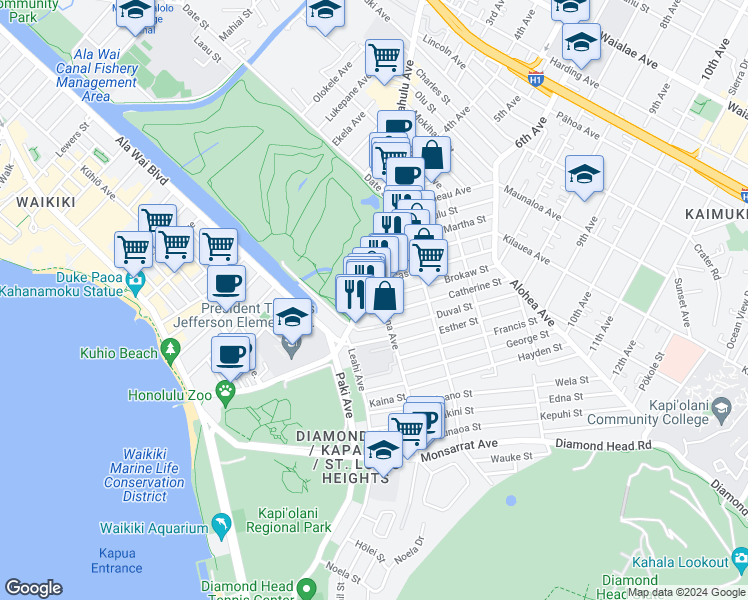 map of restaurants, bars, coffee shops, grocery stores, and more near 477 Kapahulu Avenue in Honolulu
