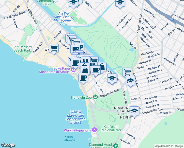 map of restaurants, bars, coffee shops, grocery stores, and more near 208 Kapuni Street in Honolulu