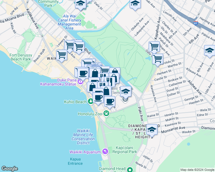 map of restaurants, bars, coffee shops, grocery stores, and more near 250 ʻŌhua Avenue in Honolulu