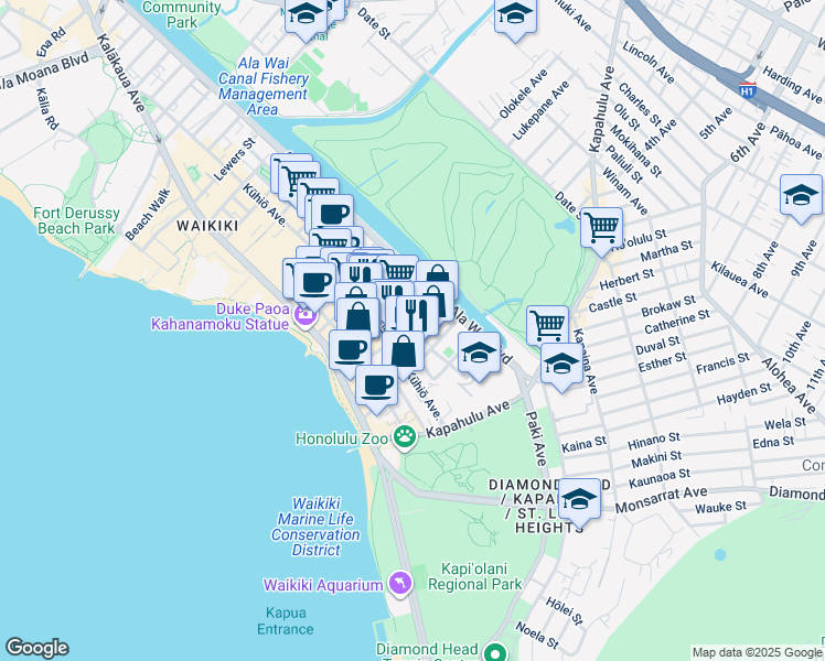 map of restaurants, bars, coffee shops, grocery stores, and more near 234 Ohua Avenue in Honolulu