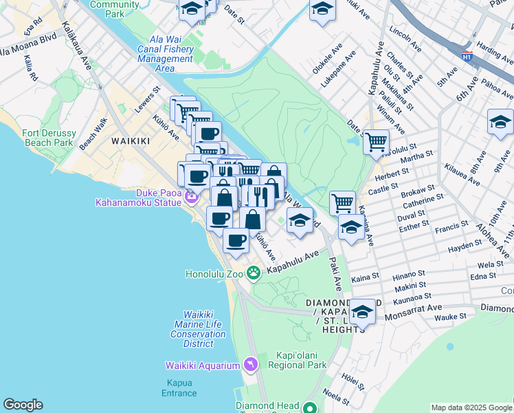 map of restaurants, bars, coffee shops, grocery stores, and more near 234 ʻŌhua Avenue in Honolulu