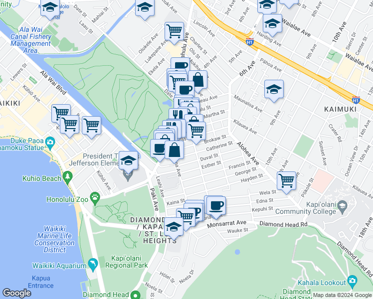 map of restaurants, bars, coffee shops, grocery stores, and more near 3144 Brokaw Street in Honolulu