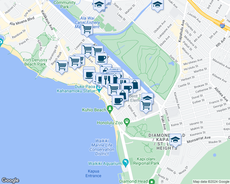 map of restaurants, bars, coffee shops, grocery stores, and more near in Honolulu