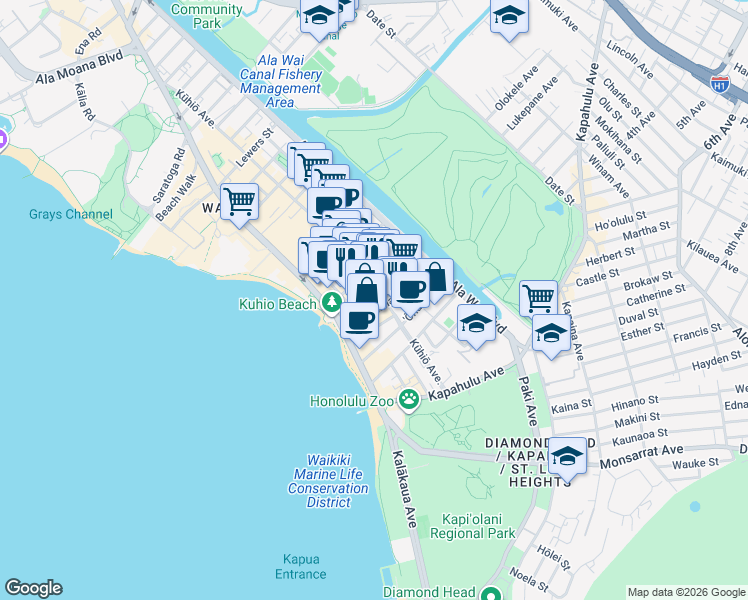 map of restaurants, bars, coffee shops, grocery stores, and more near 2464 Prince Edward Street in Honolulu