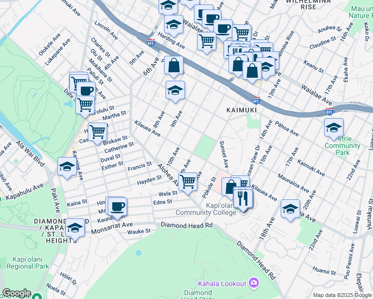 map of restaurants, bars, coffee shops, grocery stores, and more near 720 11th Avenue in Honolulu