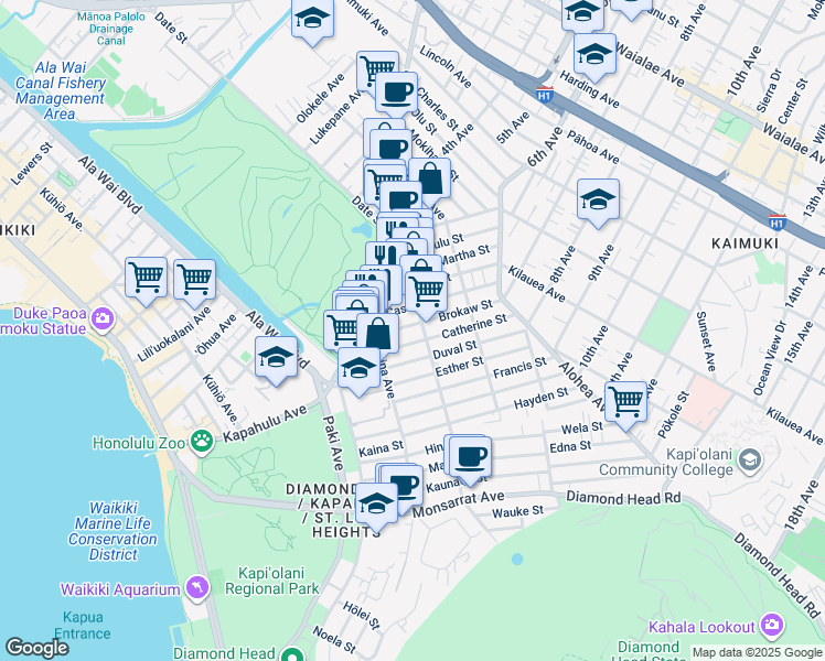 map of restaurants, bars, coffee shops, grocery stores, and more near 3144 Brokaw Street in Honolulu