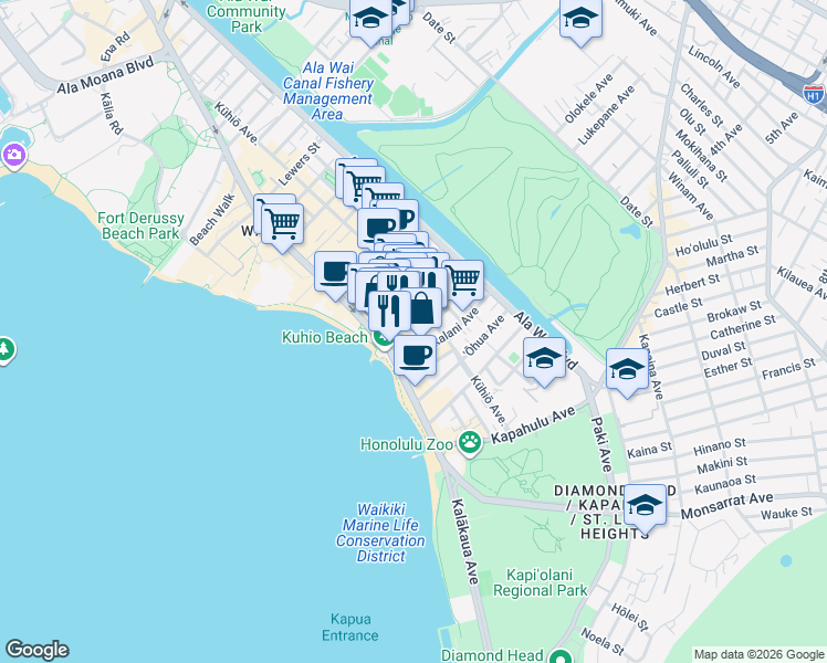 map of restaurants, bars, coffee shops, grocery stores, and more near 2465 Prince Edward Street in Honolulu