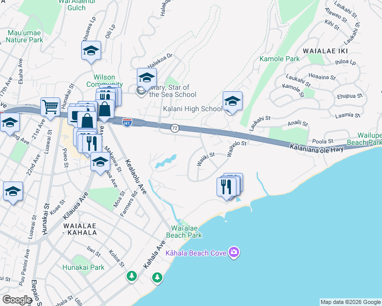 map of restaurants, bars, coffee shops, grocery stores, and more near 925 Waiholo Street in Honolulu