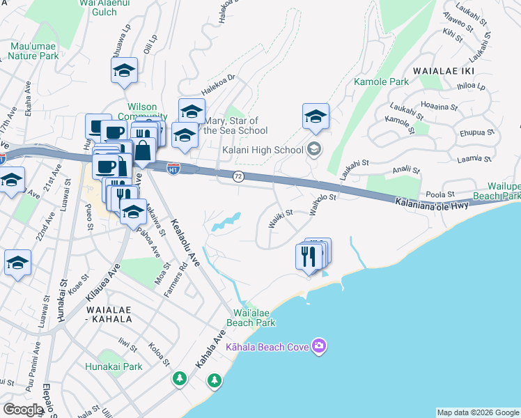 map of restaurants, bars, coffee shops, grocery stores, and more near 925 Waiholo Street in Honolulu