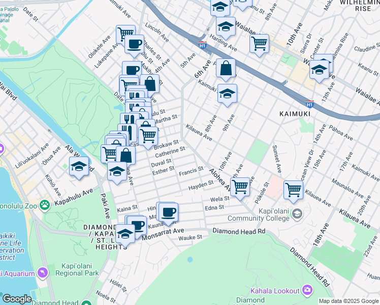 map of restaurants, bars, coffee shops, grocery stores, and more near 3389 Alohea Avenue in Honolulu