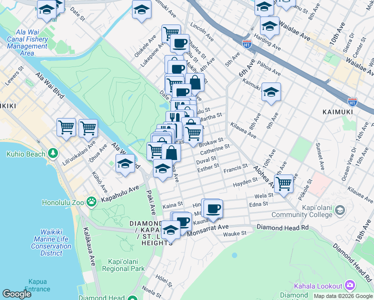 map of restaurants, bars, coffee shops, grocery stores, and more near 3144 Brokaw Street in Honolulu