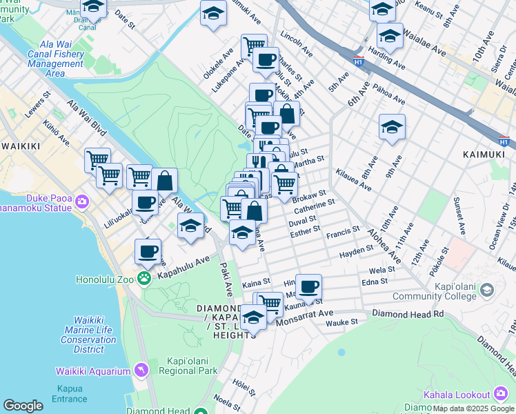 map of restaurants, bars, coffee shops, grocery stores, and more near 477 Kapahulu Avenue in Honolulu
