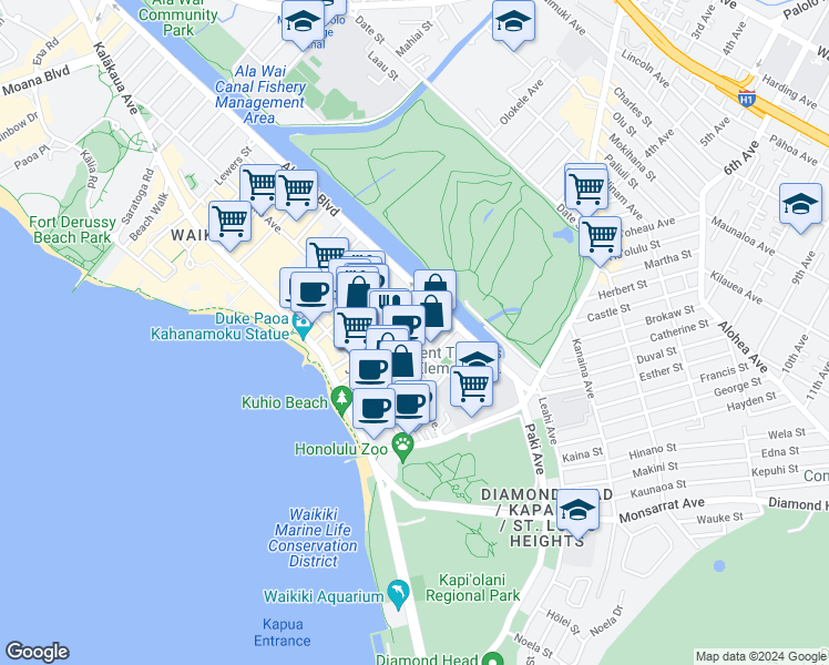 map of restaurants, bars, coffee shops, grocery stores, and more near 250 ʻŌhua Avenue in Honolulu