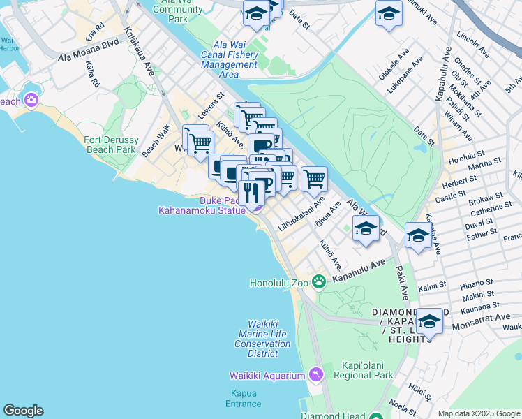 map of restaurants, bars, coffee shops, grocery stores, and more near 2420 Kalakaua Avenue in Honolulu