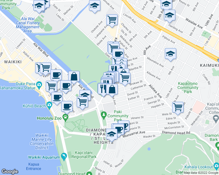 map of restaurants, bars, coffee shops, grocery stores, and more near 477 Kapahulu Avenue in Honolulu