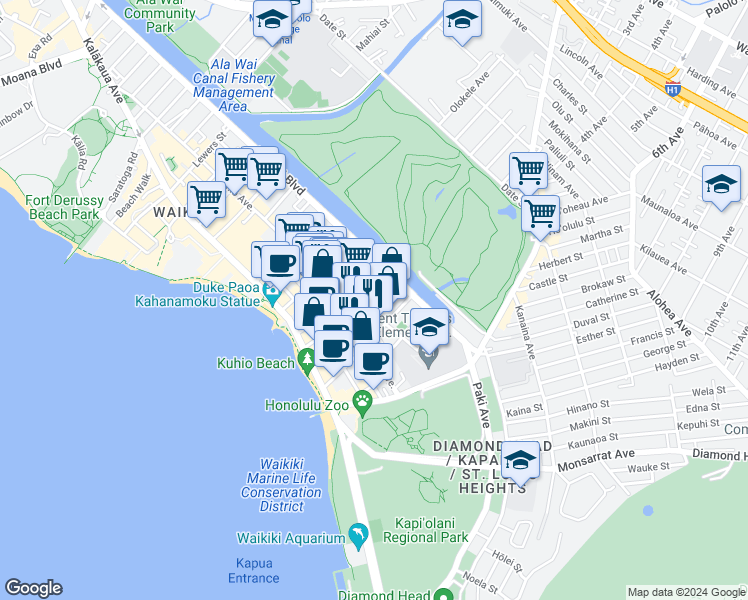map of restaurants, bars, coffee shops, grocery stores, and more near 250 ʻŌhua Avenue in Honolulu