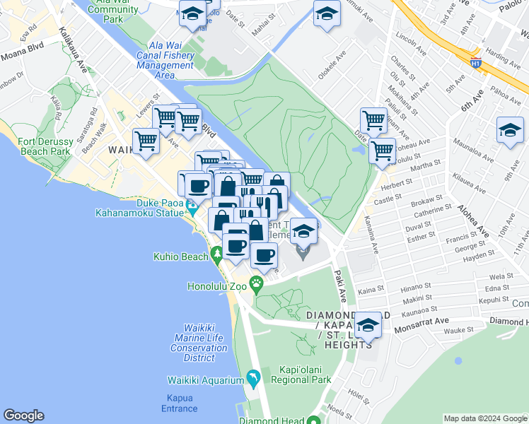 map of restaurants, bars, coffee shops, grocery stores, and more near 250 Ohua Avenue in Honolulu