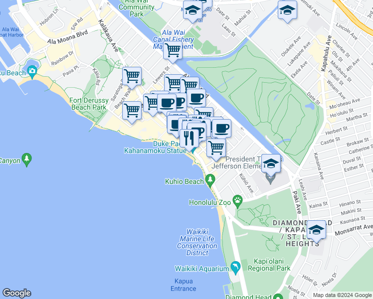 map of restaurants, bars, coffee shops, grocery stores, and more near 2425 Kalakaua Avenue in Honolulu