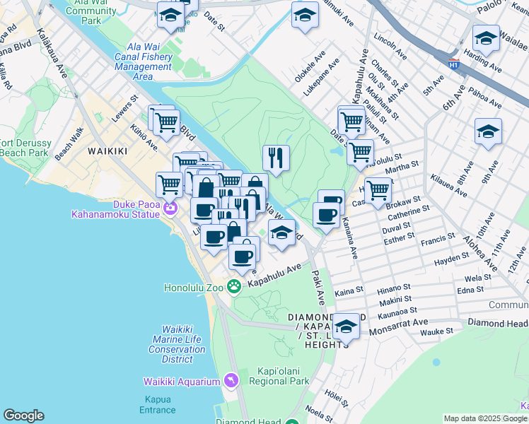 map of restaurants, bars, coffee shops, grocery stores, and more near 2547 Ala Wai Boulevard in Honolulu