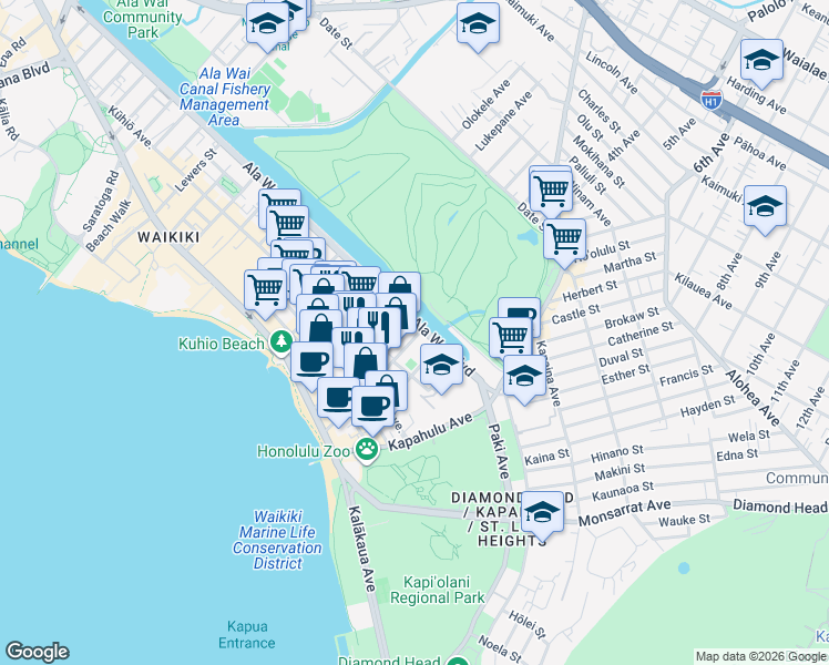 map of restaurants, bars, coffee shops, grocery stores, and more near 2547 Ala Wai Boulevard in Honolulu