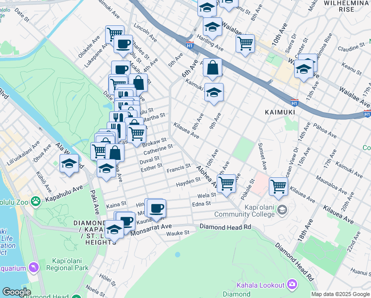 map of restaurants, bars, coffee shops, grocery stores, and more near 3389 Alohea Avenue in Honolulu