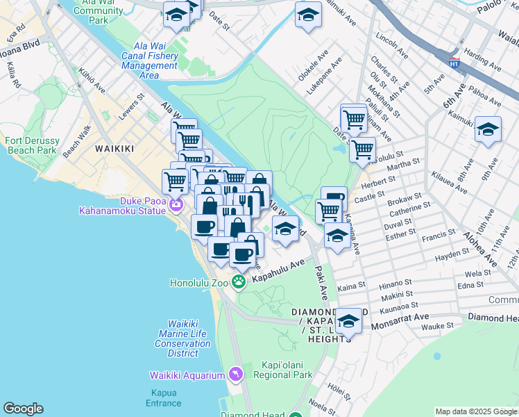 map of restaurants, bars, coffee shops, grocery stores, and more near 2547 Ala Wai Boulevard in Honolulu