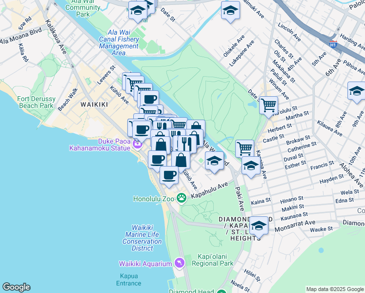 map of restaurants, bars, coffee shops, grocery stores, and more near in Honolulu