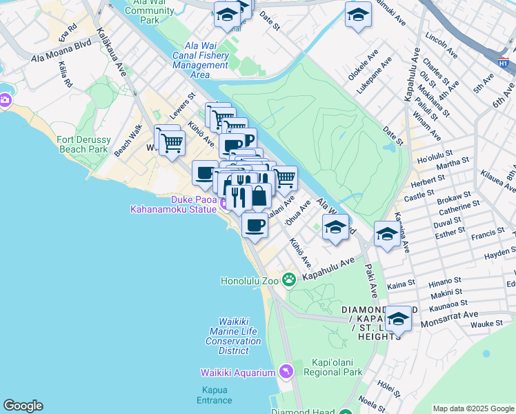 map of restaurants, bars, coffee shops, grocery stores, and more near in Honolulu
